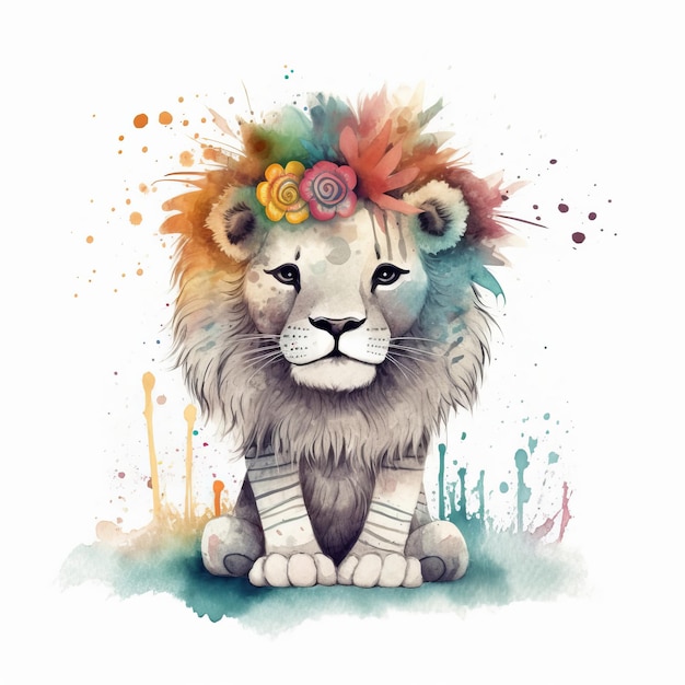 Cute watercolor baby lion Illustration AI GenerativexD