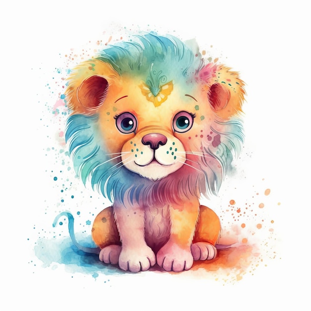 Cute watercolor baby lion Illustration AI GenerativexD