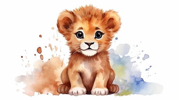 Cute watercolor baby lion illustration Generative AI