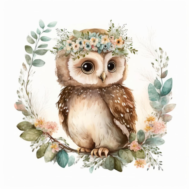 Cute watercolor baby owl Illustration AI Generative