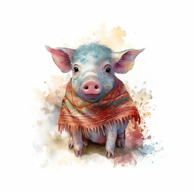 Cute watercolor baby pig Illustration AI Generative