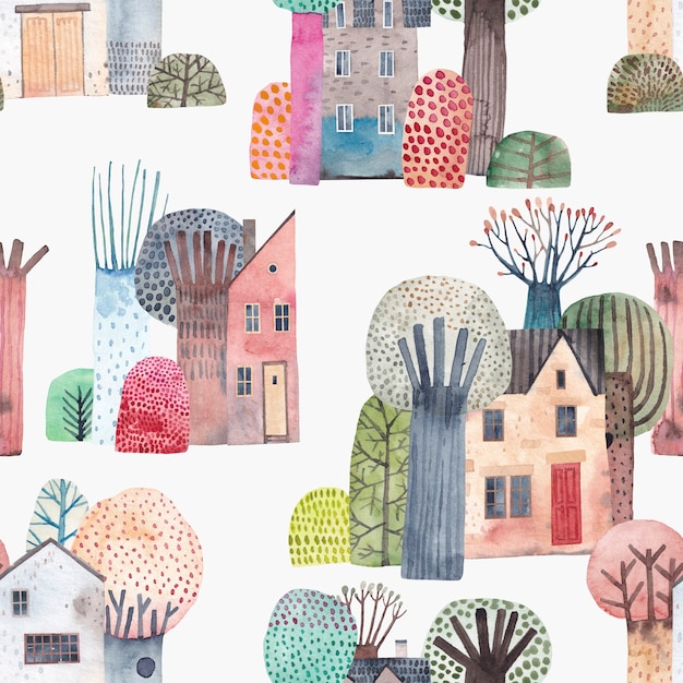 Cute watercolor background. An old small town. Old houses surrounded by tall trees.