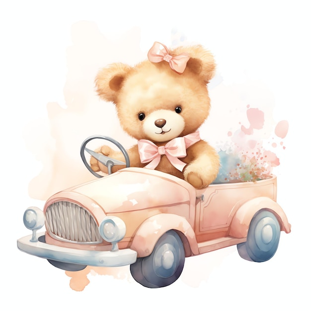 Cute watercolor bear in a car illustration teddy bears clipart