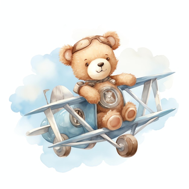 Cute watercolor bear flying on airplane illustration teddy bears clipart