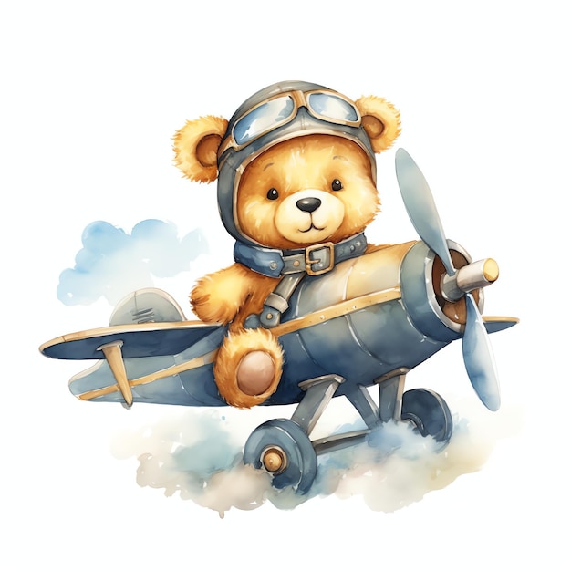 飛行機で飛んでいるかわいい水彩クマのイラスト テディベアのクリップアート