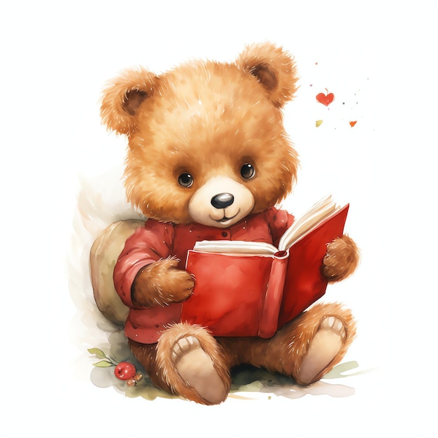 Cute watercolor bear reading a book illustration teddy bears clipart