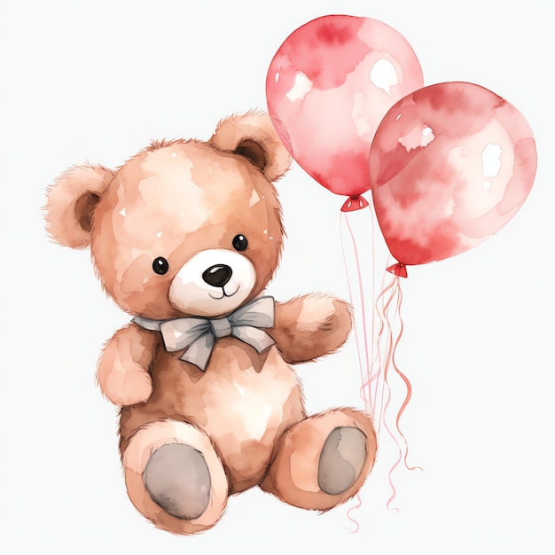 Cute watercolor bear with birthday balloon illustration teddy bears clipart