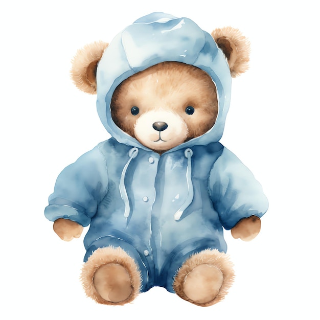 Cute watercolor bear with blue clothes illustration teddy bears clipart