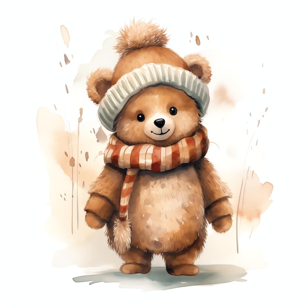 Cute watercolor bear with scarf illustration teddy bears clipart