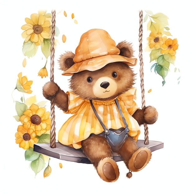 Cute watercolor bear with sunflowers on a swing illustration teddy bears clipart