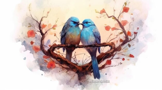 Photo cute watercolor birds couple with heart shape tree branches