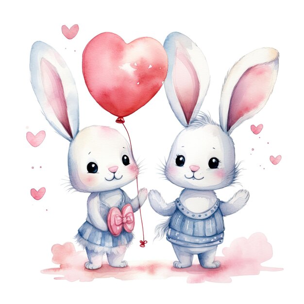 Cute watercolor bunny couple Illustration AI Generative