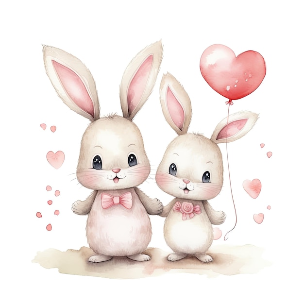 Cute watercolor bunny couple Illustration AI Generative