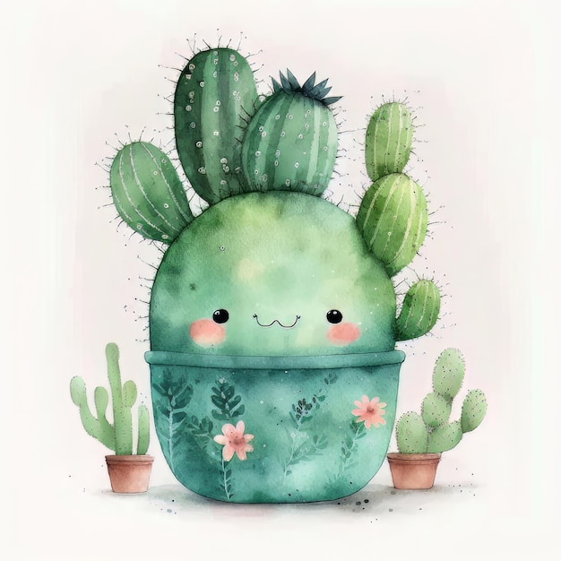 Cute watercolor cactus on white background Illustration AI Generative