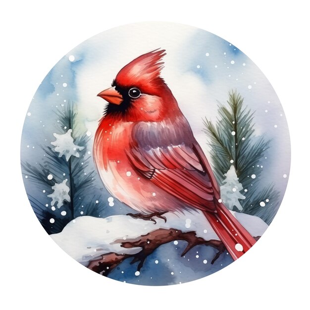 Cute watercolor cardinal on branch Bird illustration in circle form round ornament