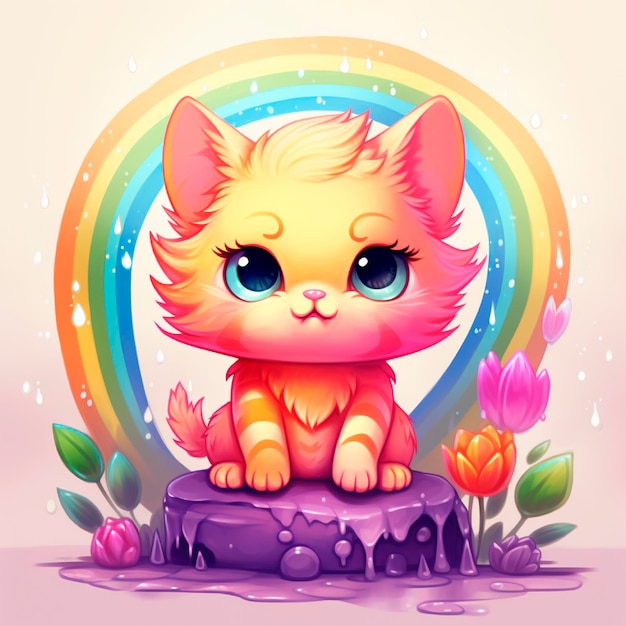 Cute watercolor cat with rainbow