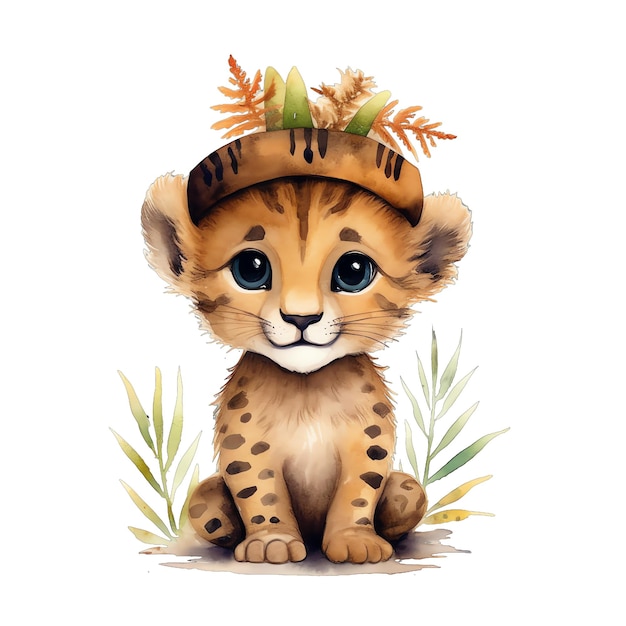 Cute watercolor cheetah with flowers and boho plants illustration