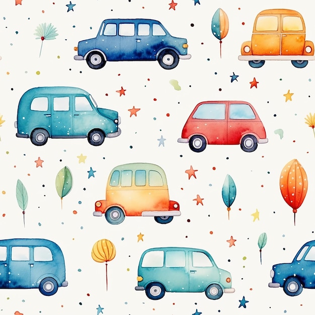 cute watercolor childish cars seamless pattern