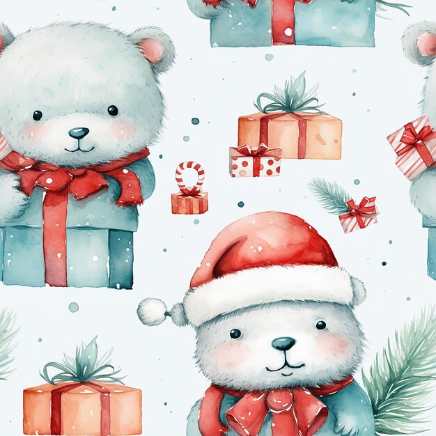 cute watercolor childish christmas seamless pattern