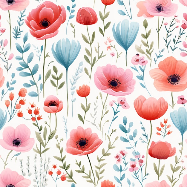 cute watercolor childish flowers seamless pattern