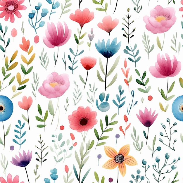cute watercolor childish flowers seamless pattern