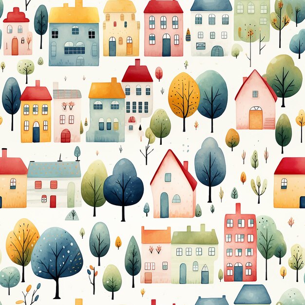 cute watercolor childish trees seamless pattern