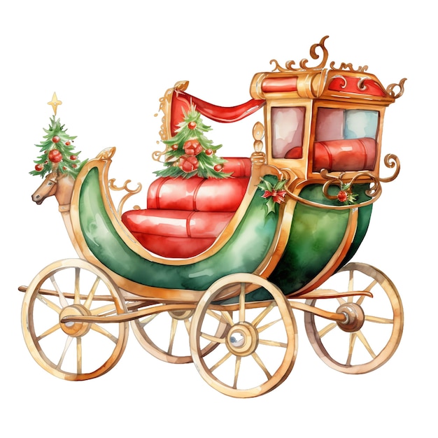 クリスマスのための可愛い水彩のクリスマステーマの馬車イラスト