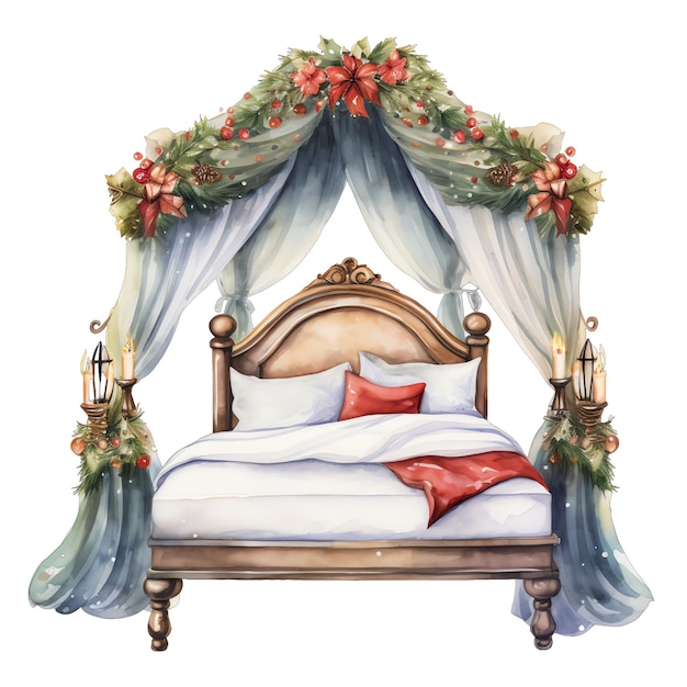 Cute watercolor christmas themed princess bed illustration for christmas