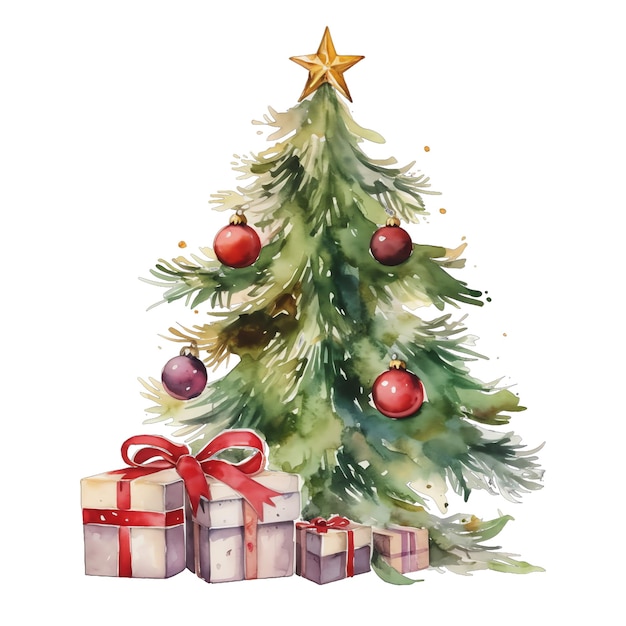 Cute watercolor christmas tree with presents under it illustration for christmas