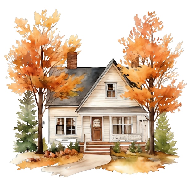 Cute watercolor cottage house with pupmkins halloween time fall autumn house illustration