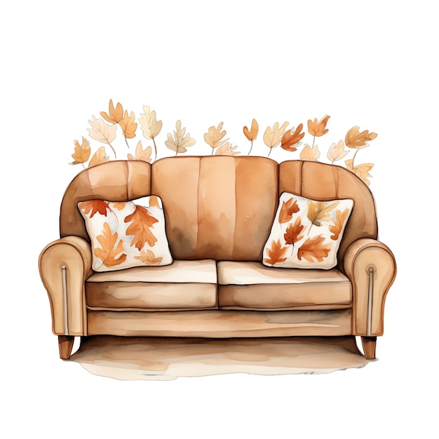 Cute watercolor cozy orange sofa in fall autumn illustration