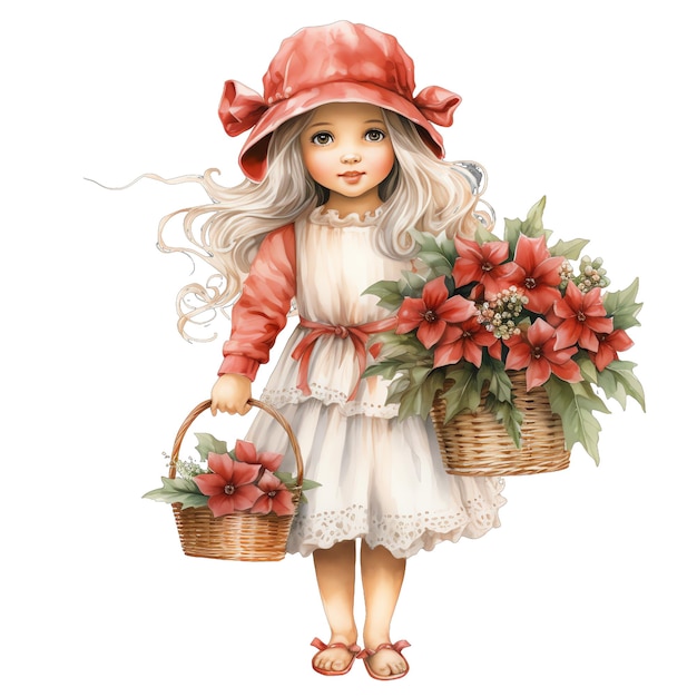 Cute watercolor cute little girl with Christmas themed clothes and flowers bouquet