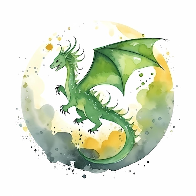 Cute watercolor dragon in green Symbol of the year 2024 Cartoon character Illustration