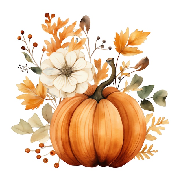 Cute watercolor fall autumn pumpkin with flowers halloween decoration autumn decoration illustration