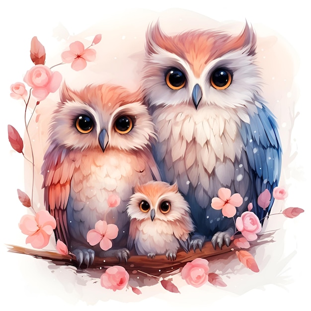 Cute watercolor family Owls illustration painting on white background Generative AI Illustration