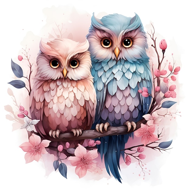 Cute watercolor family Owls illustration painting on white background Generative AI Illustration