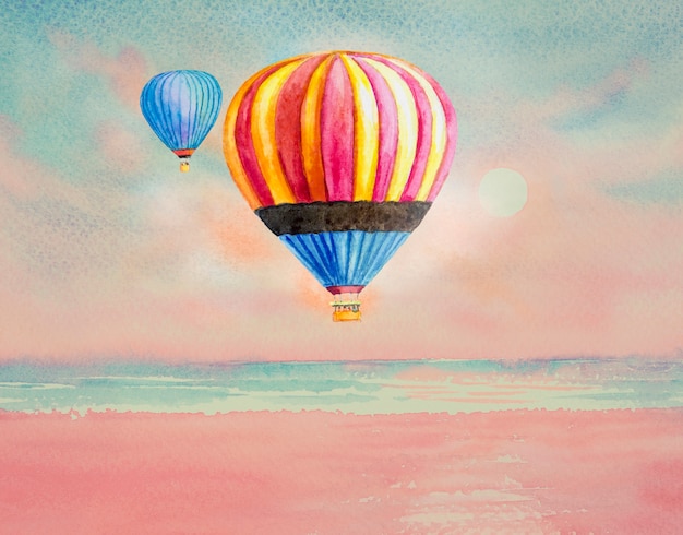 Photo cute watercolor family tourist flies in a balloon.