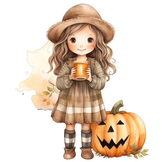 Cute watercolor farm girl with dress in autumn fall country girl cottagecore autumn girl