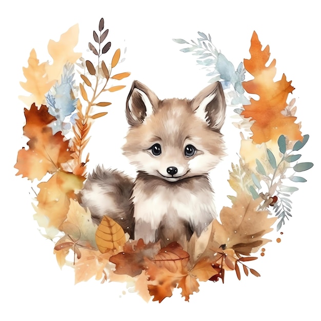 Cute watercolor floral fox illustration woodland animals clipart