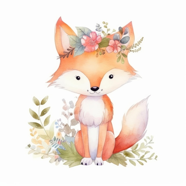 Cute watercolor fox Illustration AI Generative