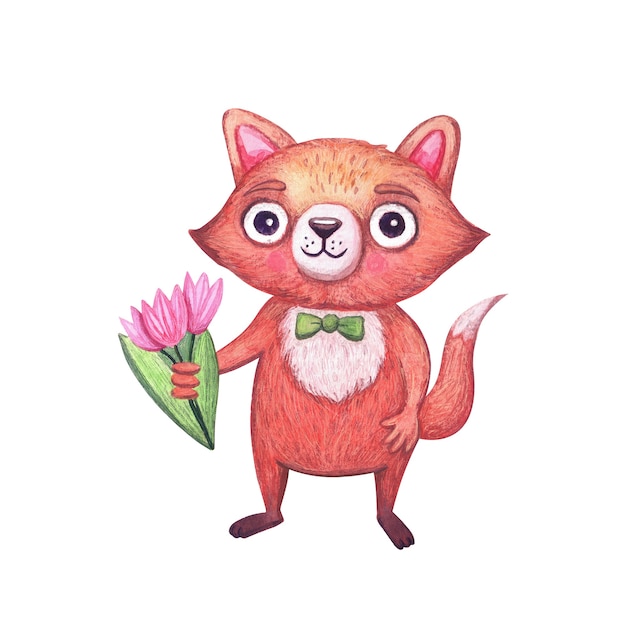 Cute watercolor fox with a bouquet of flowers for holidays Funny forest animals character