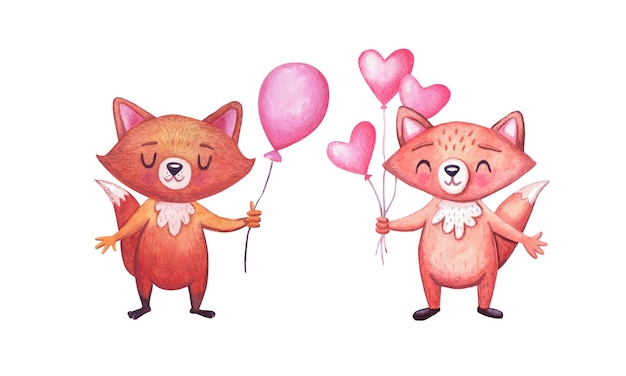 Cute watercolor foxes for birthday party with balloon. Set of characters. Animals for celebrations.