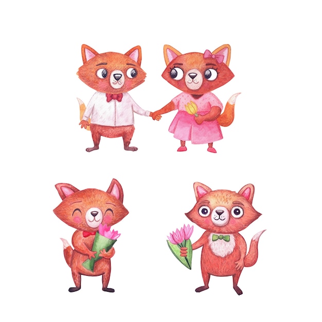 Cute watercolor foxes for wedding and valentine day. Couple of chapters and animals with flowers. Isolated illustration on white background