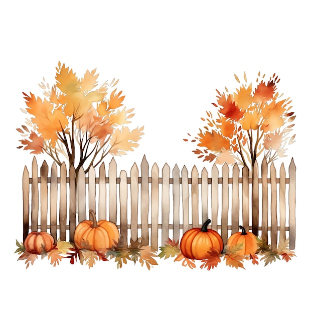 Cute watercolor garden fence with pumpkin fall time illustration