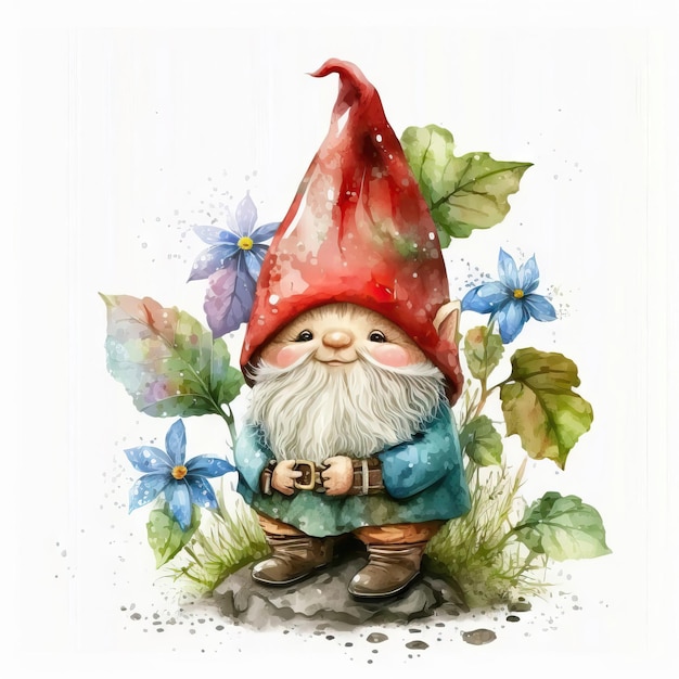Cute watercolor garden gnome smiling with spring flowers