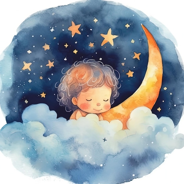 Photo cute watercolor good night illustration ai generativexa