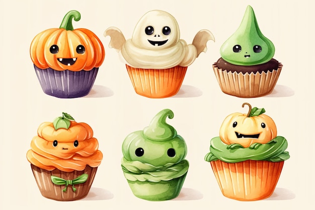 Cute watercolor Halloween cupcakes