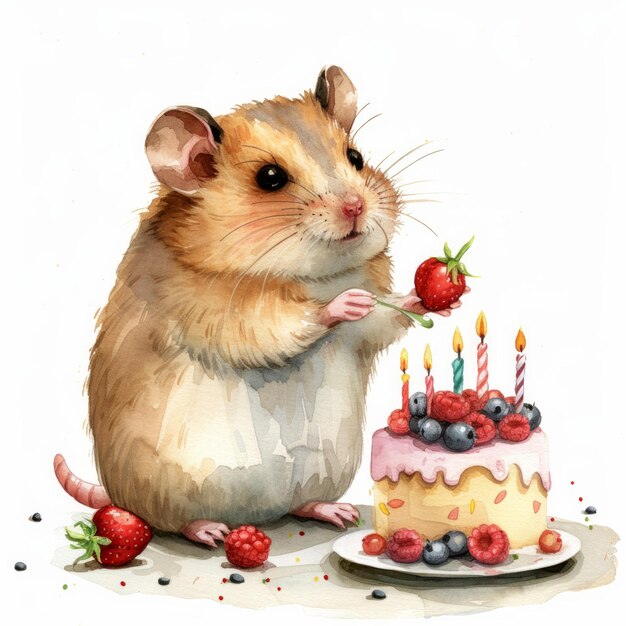 cute watercolor hamster with birthday cake isolated