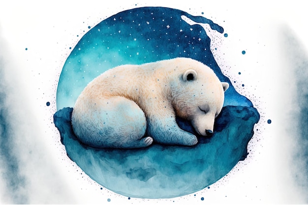 Cute watercolor hand drawn picture of a bear sleeping on a blue moon with a white isolated backdrop