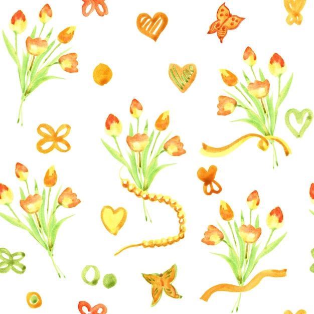 Cute watercolor hand painted seamless pattern with yellow tulips Spring flowers